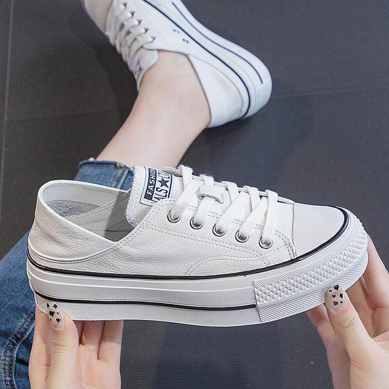 港风轻奢新款~真皮厚底小白鞋女2024春秋季百搭增高浅口休闲板鞋