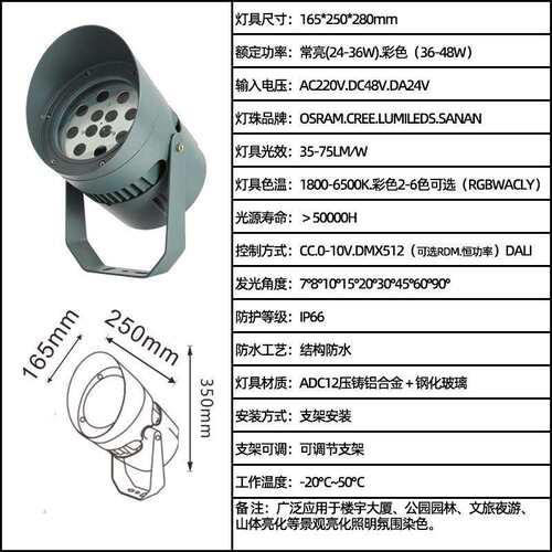 LED全彩RGBW文旅亮化芯龙泛光灯 DMX512染色山体氛围24W投光灯