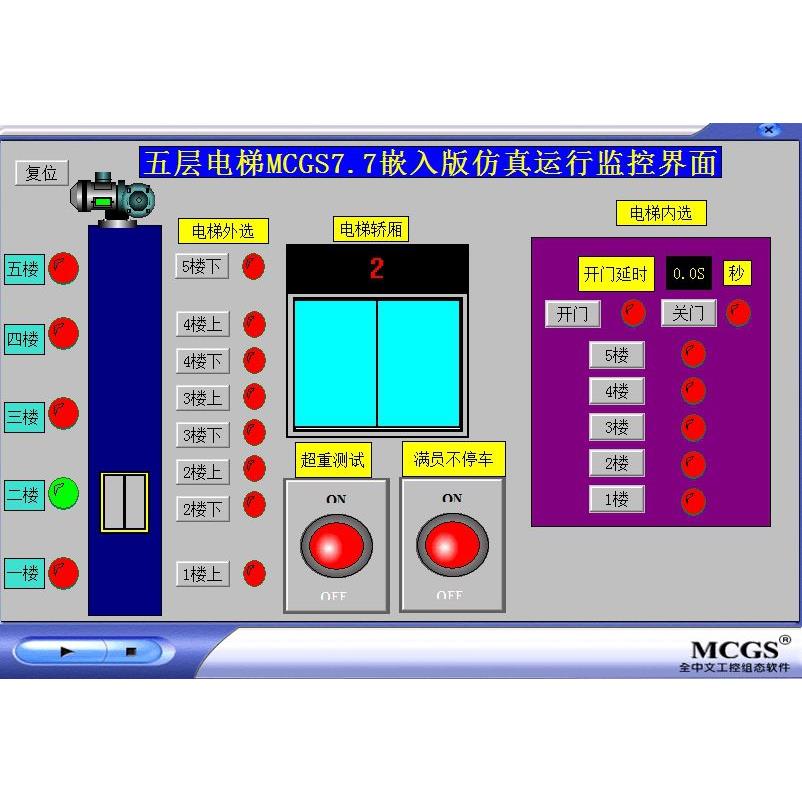 5五层电梯MCGS7.7仿真程序5，开门等待3秒，带超重和满员功能