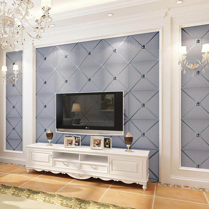 高档欧式镶钻菱格鹿皮绒墙纸3D立体客厅电视背景墙影视墙带钻壁纸