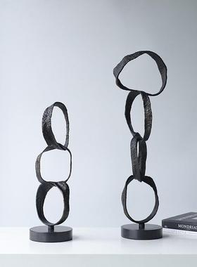 现代轻奢电镀银色圆环摆件样板房客厅售楼处玄关茶几桌面创意饰品