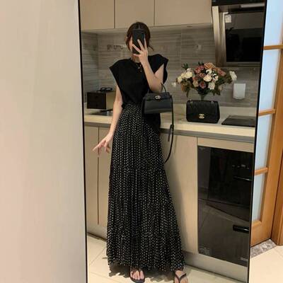黑色雪纺波点半身裙女2026夏季新款高腰飘逸显瘦6米大摆a字蛋糕裙