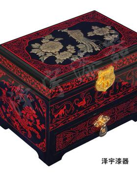 新款推光漆古器首盒平饰遥红色收纳复结婚木带锁龙质凤加厚28三层