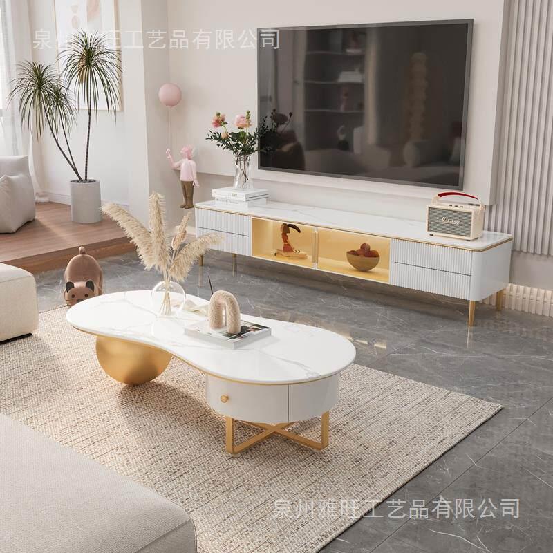 简约现白色岩板茶几电视柜组合 客厅带储物视听柜 简易靠墙地柜
