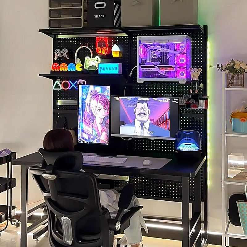 五金洞洞板书架网红少女电脑桌电竞置物架卧室出租房落地收纳架子