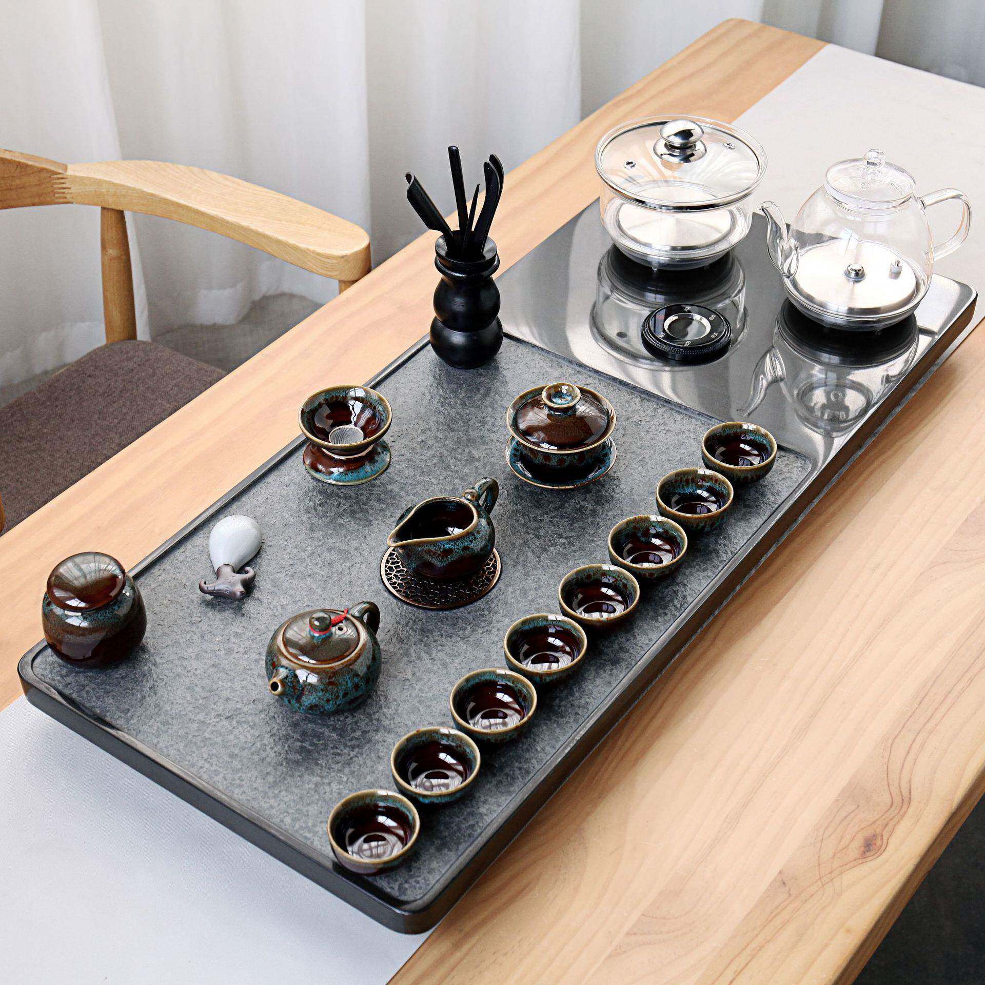 整块乌金石茶盘电磁炉玻璃茶具套装家用四合一石茶台茶桌新中式