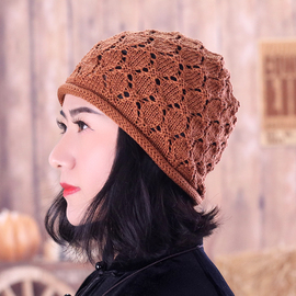 秋冬户外包头帽镂空款女士毛线帽显瘦气质年轻洋气中老年针织帽