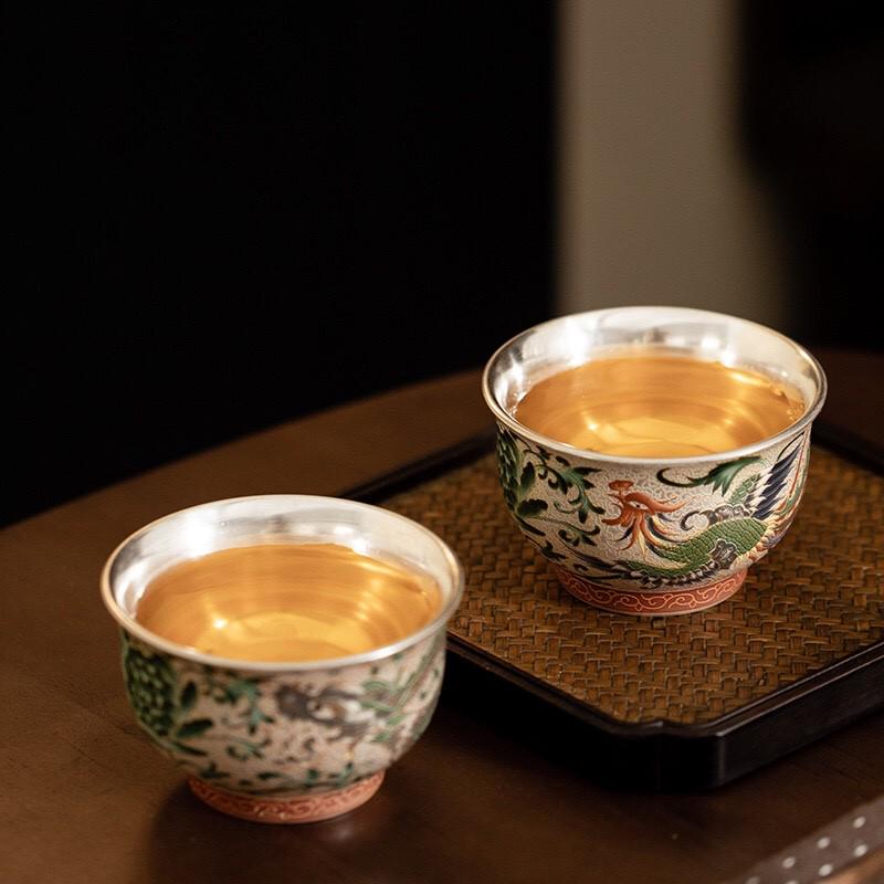 品茗对杯茶具喝茶陶瓷杯茶杯主人银情侣双杯鎏龙凤杯礼品杯子杯对