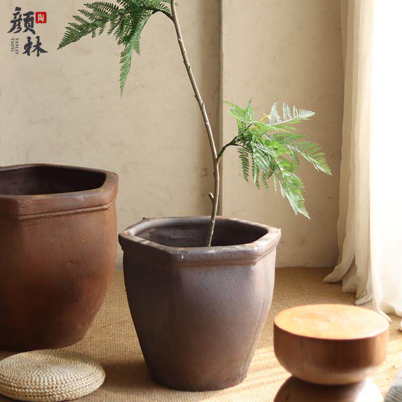 方口六边形花盆复古粗陶大陶盆花园景观庭院绿植盆田园种树大盆