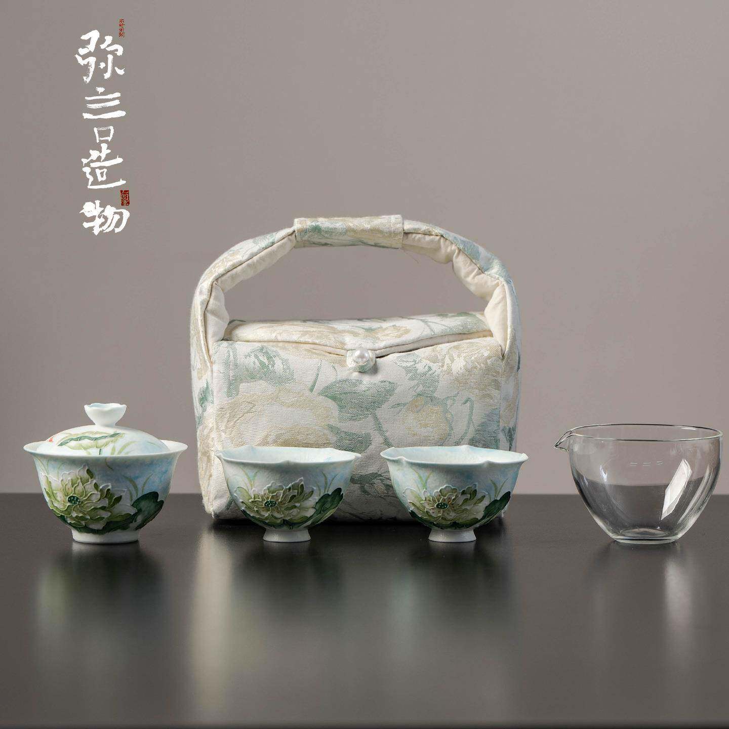 弥言手绘荷花一盖碗二杯茶具套装户外便携式旅行茶具家用盖碗茶杯