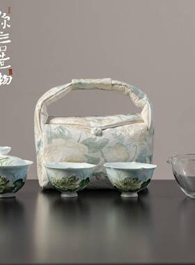 弥言手绘荷花一盖碗二杯茶具套装户外便携式旅行茶具家用盖碗茶杯