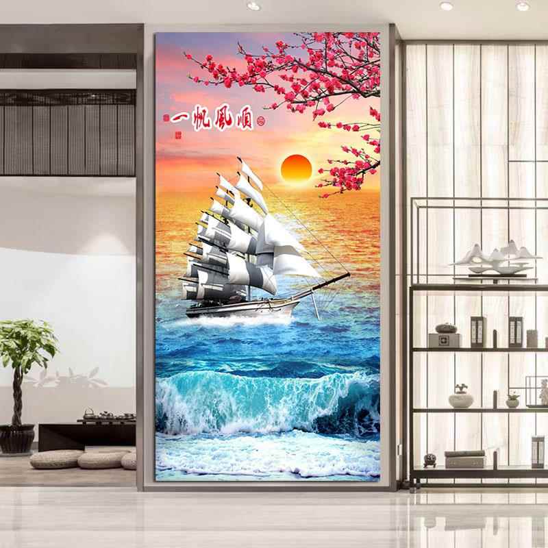 一帆风顺现代简约餐厅挂画风水客厅装饰画走廊过道壁画大海风景画