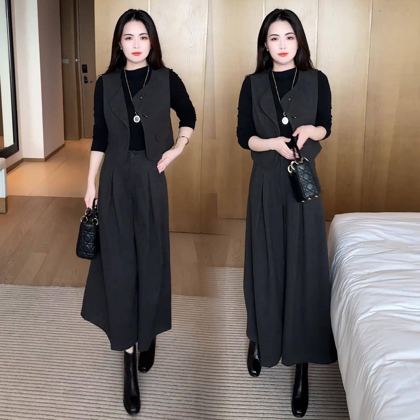 好货时尚洋气套装女2026秋季新款高级感显瘦马甲打底衫阔腿裙裤三