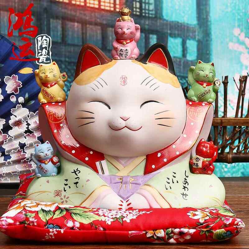 正品日本开愿全家福招祈财猫猫店铺业发财猫摆件家居装饰店铺礼品