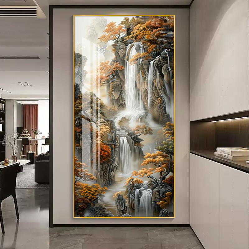 流水生财玄关挂画客厅走廊过道装饰画竖版立体入户画正对门山水画