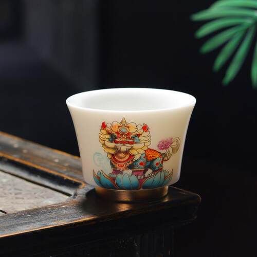 国潮风中式羊脂玉瓷时来运转茶杯主人杯省大师黄素花手作功夫品茗
