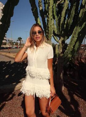 Womens 2 Piece Crochet Outfits Short Sleeve Button Knit
