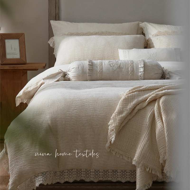 寂被套床法式纱亲侘三件套风四笠件套花边肤床单复古三层提花棉麻