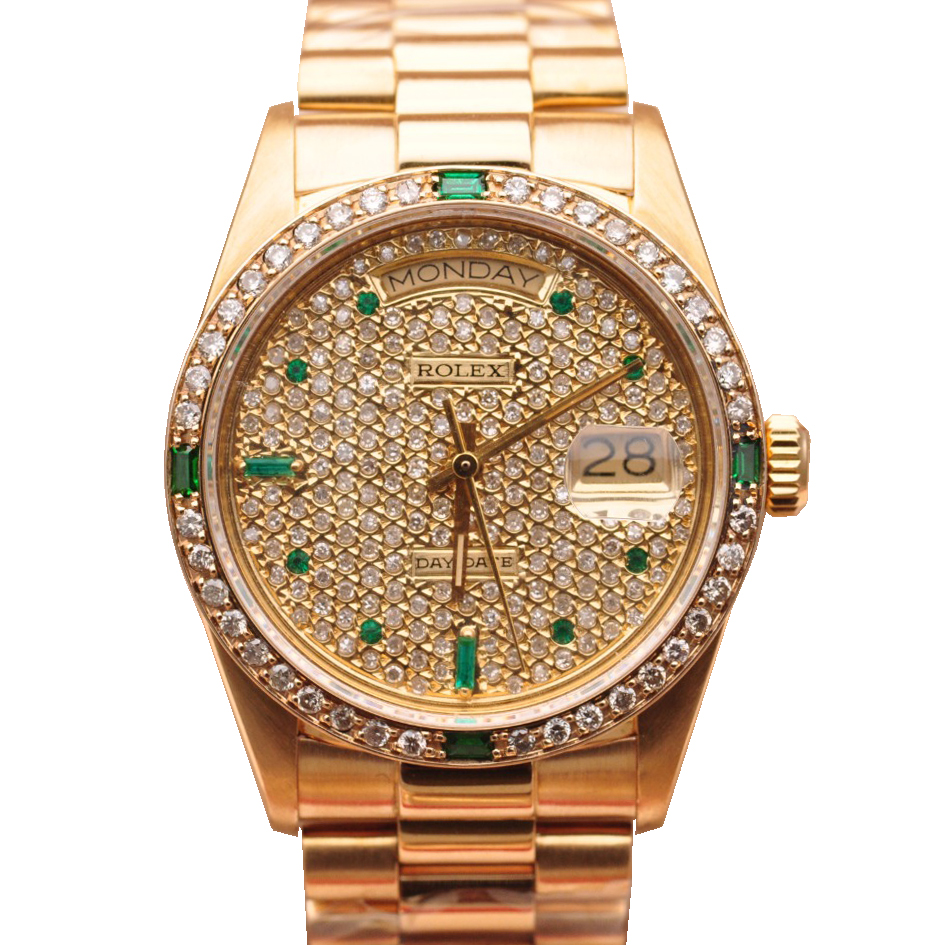 正品[9.8新]劳力士星期日历型18K黄金后镶钻自动机械男表18038