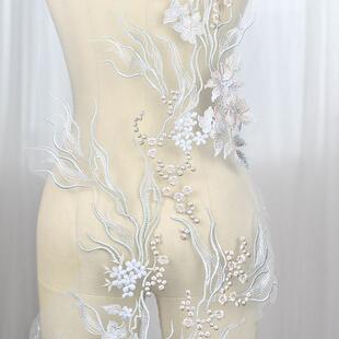 LS626粉蓝撞色高档立刺绣蕾丝花朵婚纱手体工dy材i服装 布料面料辅