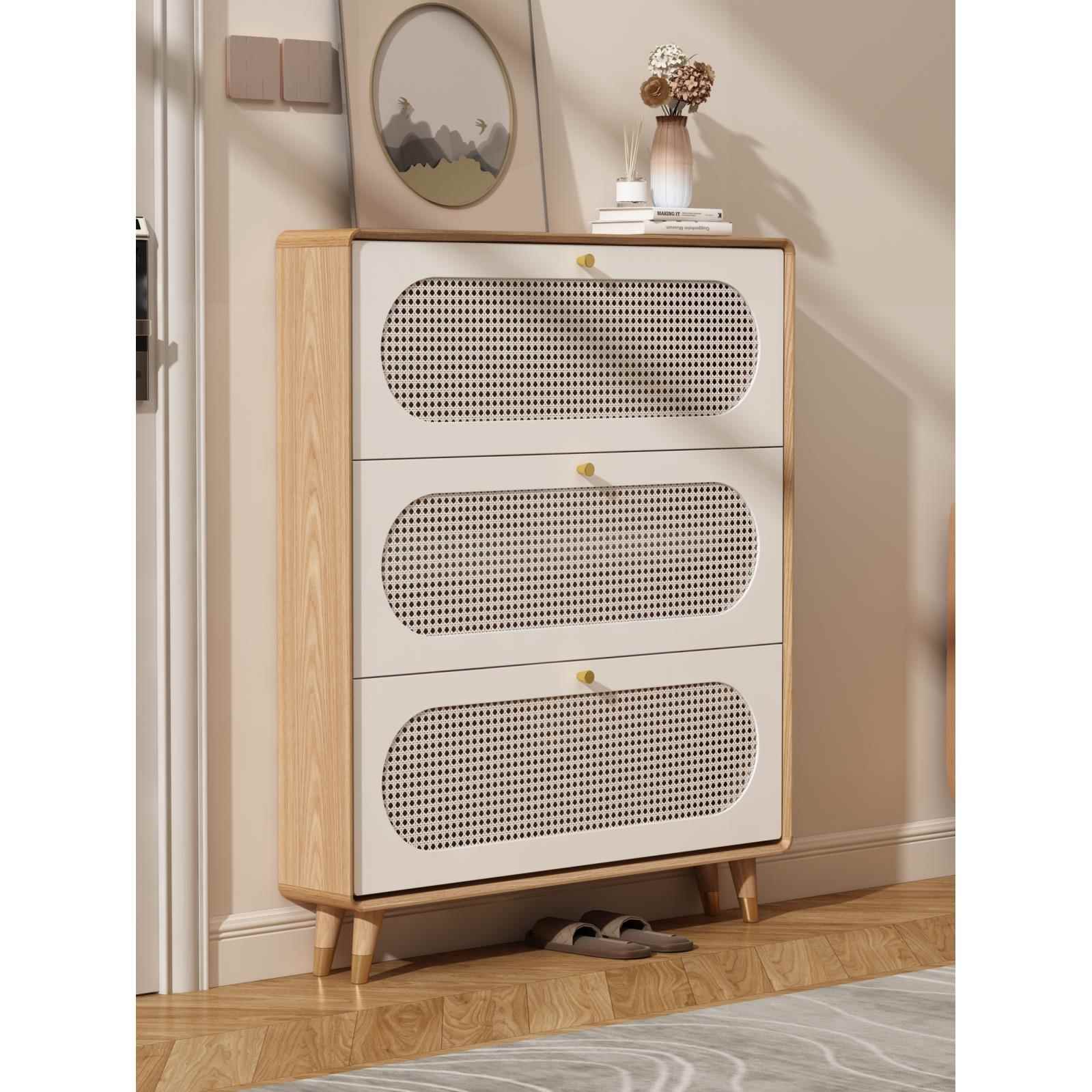 家用门口超薄翻斗藤编鞋柜实木框中北欧原木色储物柜收纳柜小户型