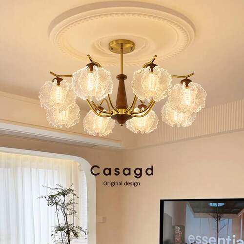 中古法式客厅吊灯美式复古白蜡木卧室主灯冰晶花朵饭厅灯具casagd