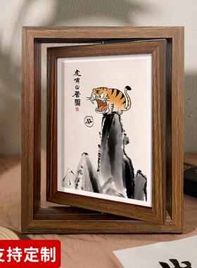 创意搞笑猛虎双面旋转小相框摆台高级感实木摆件照片定制打印画框