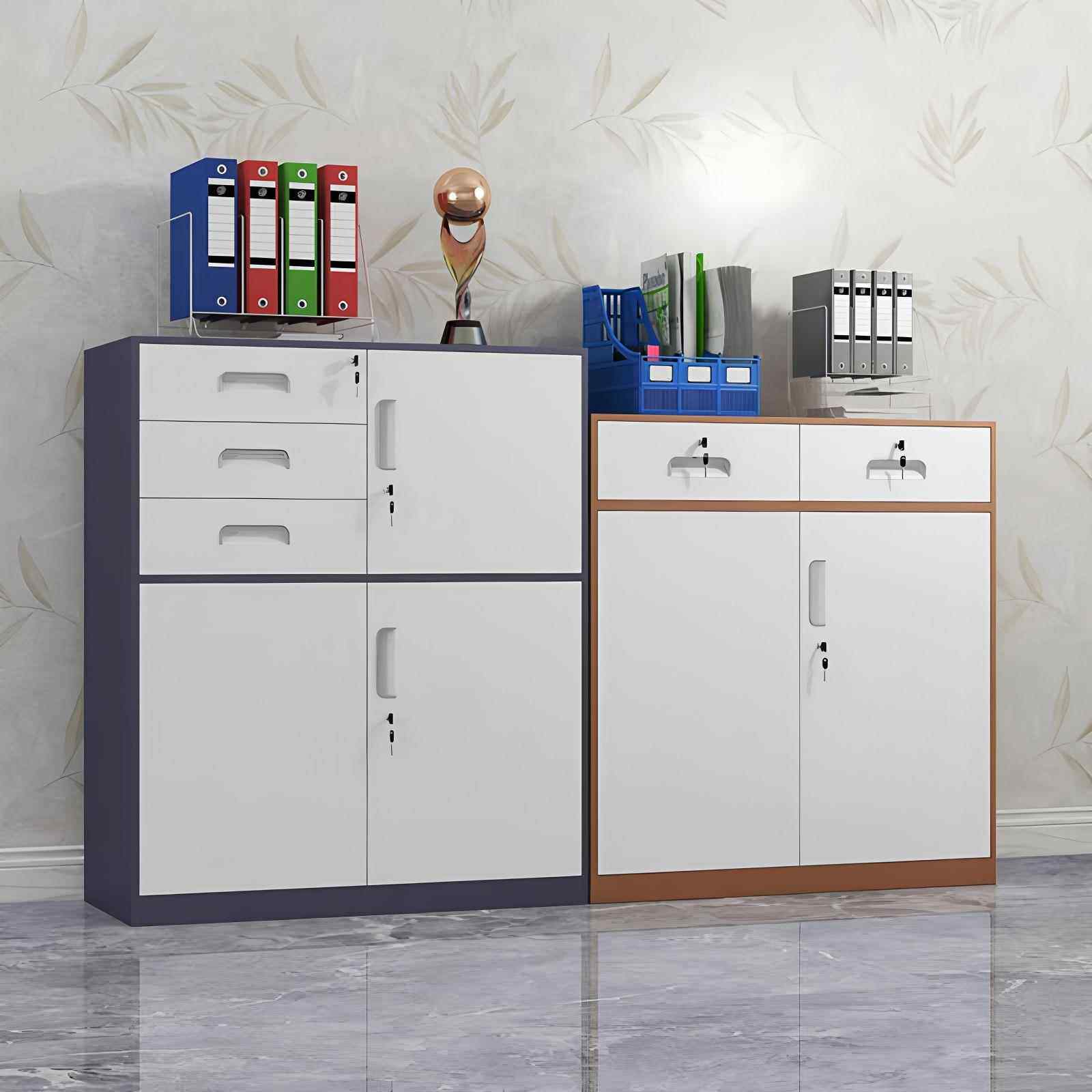 员工落地铁皮资料储物收纳矮柜钢制玻璃门带抽屉锁办公档案文件柜