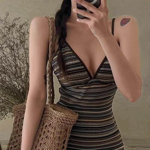 Bikini striped collar off shoulder camisole one-piece