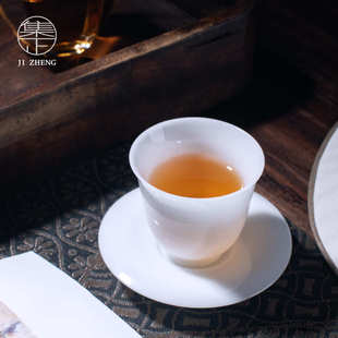 家用办公功夫茶具一杯一垫 羊脂冰种茶杯单杯 玉白瓷品茗杯主人杯