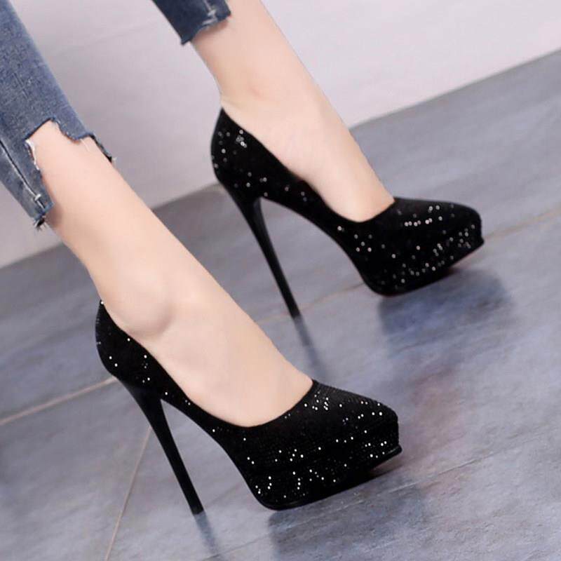防水台高跟鞋女细跟尖头百搭黑色水钻水晶鞋婚鞋宴会真皮女鞋单鞋