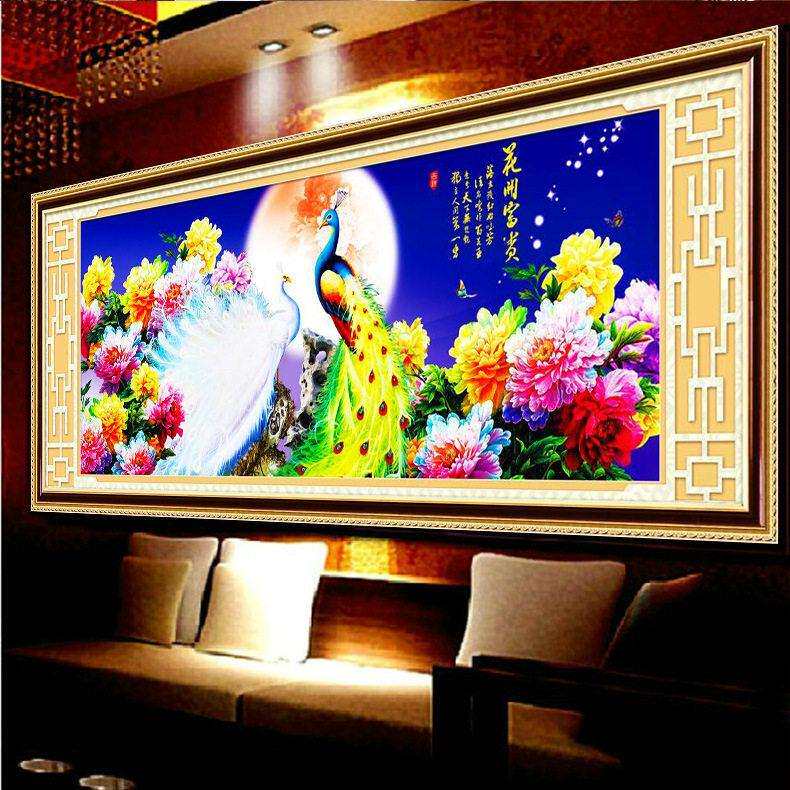 青飞花好月圆花开富贵十字绣孔雀开屏牡丹十字绣孔雀图客厅
