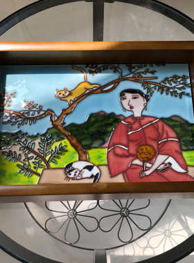 立体手绘陶瓷茶盘浮雕瓷板画镶嵌实木托盘茶具家居收纳盘木质餐盘