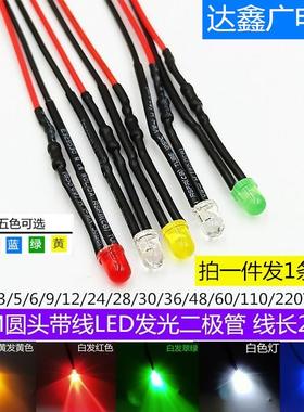 4mm带线LED发光二极管2V3V5V9V12V24V220V电源工作指示灯信号灯