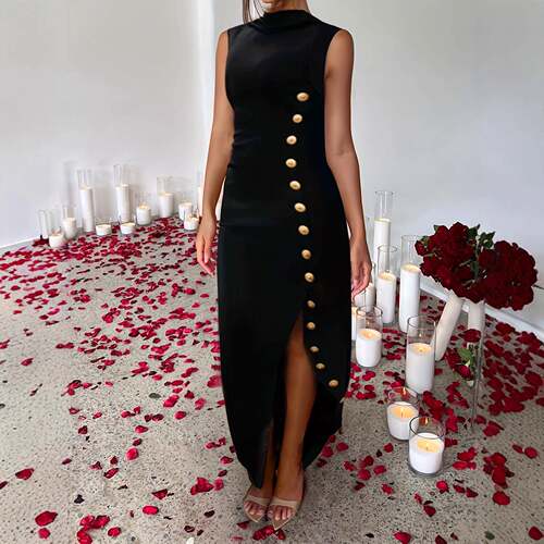 Women's Cotton Casual Wear Maxi Dress Womenswear with High