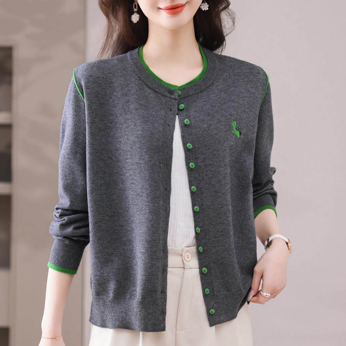 中年妈妈羊绒衫薄款外套女圆领毛衣开衫宽松拼色洋派外搭针织上衣