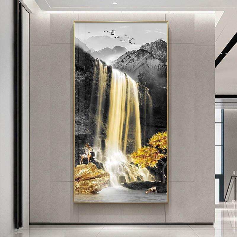 玄关竖版流水生财装饰画新中式客厅对门过道壁画进门走廊尽头挂画