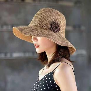 潮百搭太陽帽 草帽女夏天可折疊海邊沙灘帽女度假遮陽防曬帽女韓版