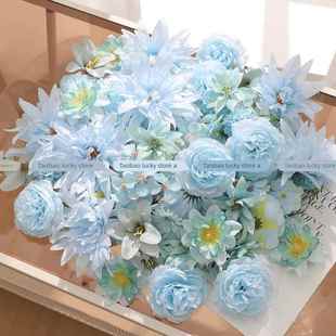 蓝色系混搭花朵材料包 饰假花 手工diy簪花头饰花环裙撑花伞婚庆装
