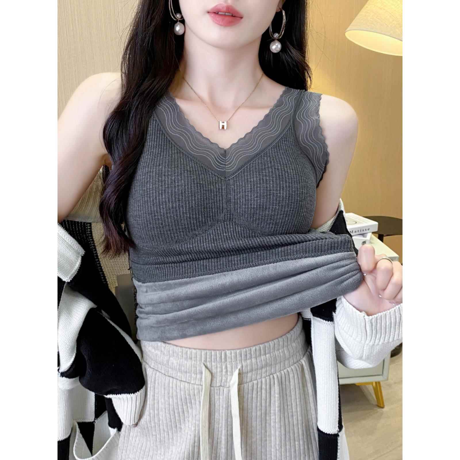 秋冬保暖加绒加厚背心女蕾丝带胸垫衣内搭外穿吊带打底衫女1203z