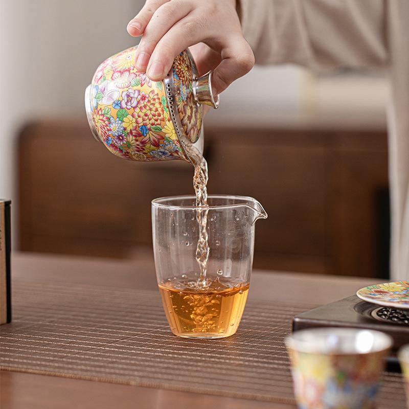 国宝窑敦煌文创鎏银盖碗茶杯单个高档免过滤三才碗不烫手泡茶盖碗