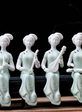 精品青瓷手工仕女陶瓷禅意博古架电视柜中式人物家居装饰品小摆件