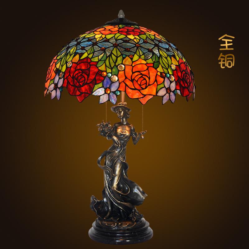 厂家直销 玫瑰温馨创意玻璃全铜客厅大台灯灯具店面别墅装饰灯