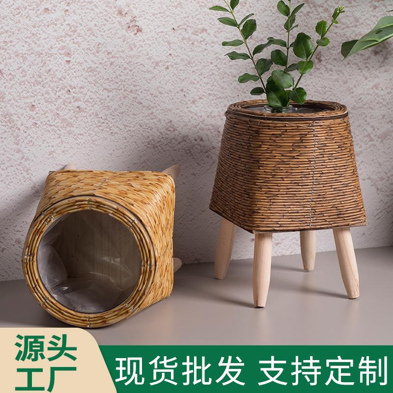 室内仿藤编花架三角支架花盆桌面创意多肉收纳容器办公室草编盆