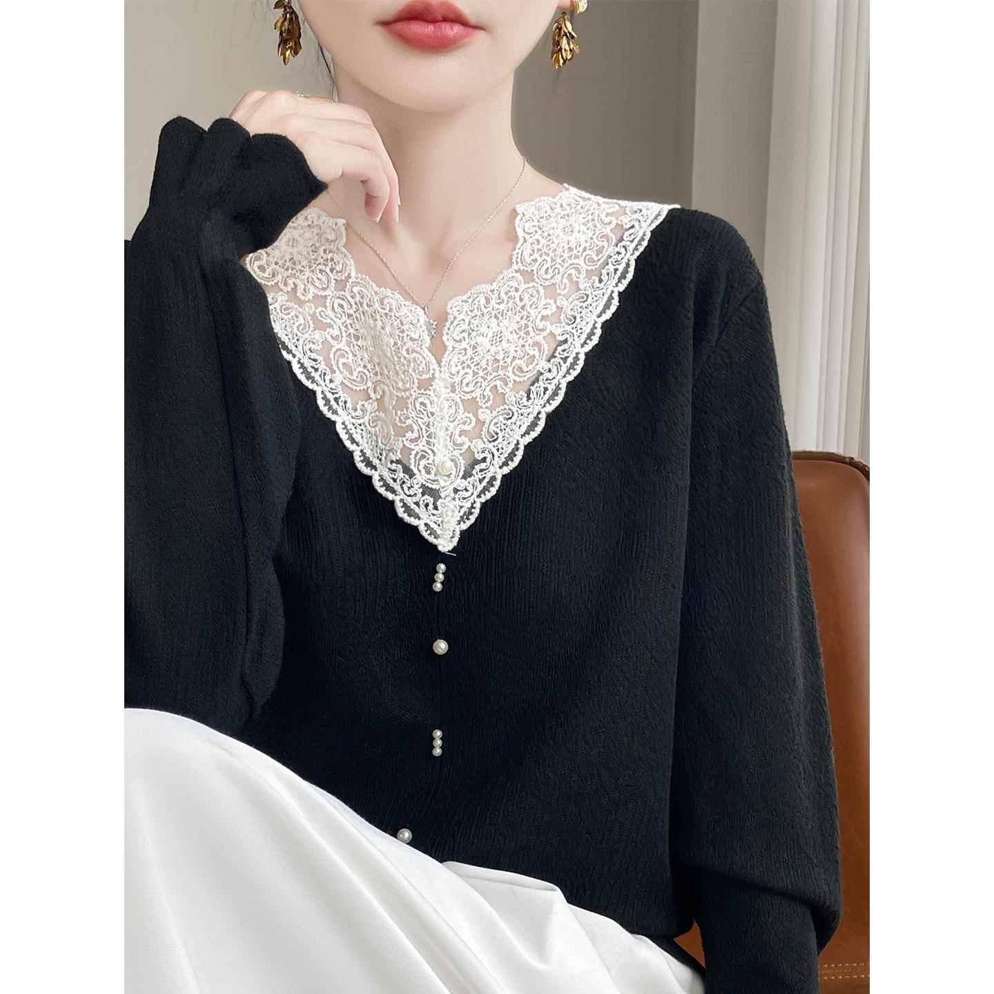 秋冬法式浪漫蕾丝拼接气质V领打底衫女高级感好看立体提花针1212u
