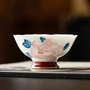 手绘描金牡丹花口杯家用陶瓷茶杯主人杯功夫茶品茗杯喝茶杯子礼盒