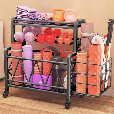 运动器材收纳架落地瑜伽垫泡沫轴收纳筐带轮可移动健身用品置物架