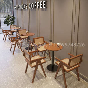 北歐咖啡廳實木編藤椅 奶茶店卡座沙發(fā)定制商用主題餐廳桌椅組合