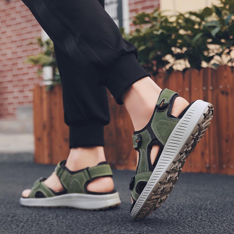 正品夏季特大码凉鞋男真皮45运动厚7底宽滩脚4休闲4加肥加大沙鞋6