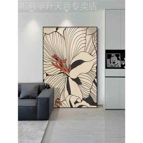 网红新款代现百合花抽象门线条玄白灰进关客装饰画厅背墙挂景黑画